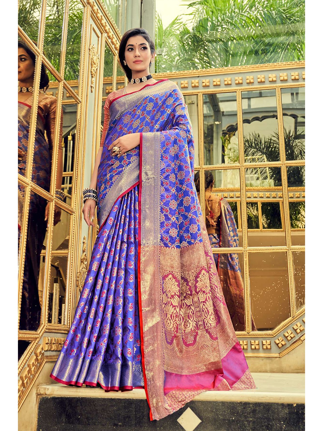 

KARAGIRI Blue & Red Woven Design Silk Blend Banarasi Saree