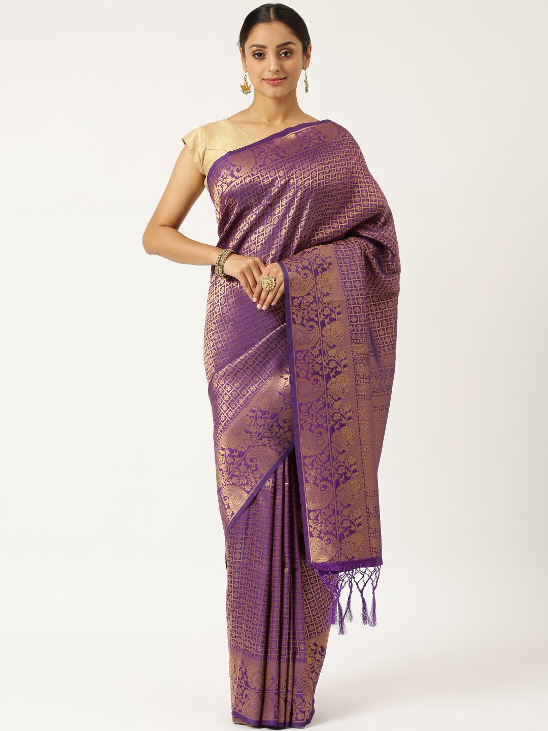 

KARAGIRI Purple & Gold-Toned Woven Design Zari Silk Blend Kanjeevaram Saree