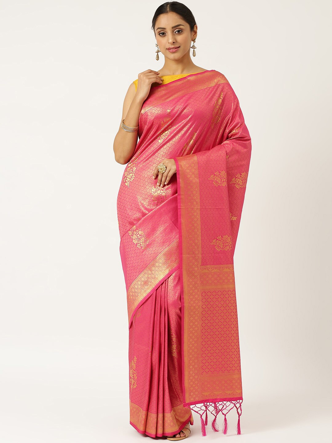 

KARAGIRI Pink & Gold-Toned Woven Design Zari Silk Blend Kanjeevaram Saree