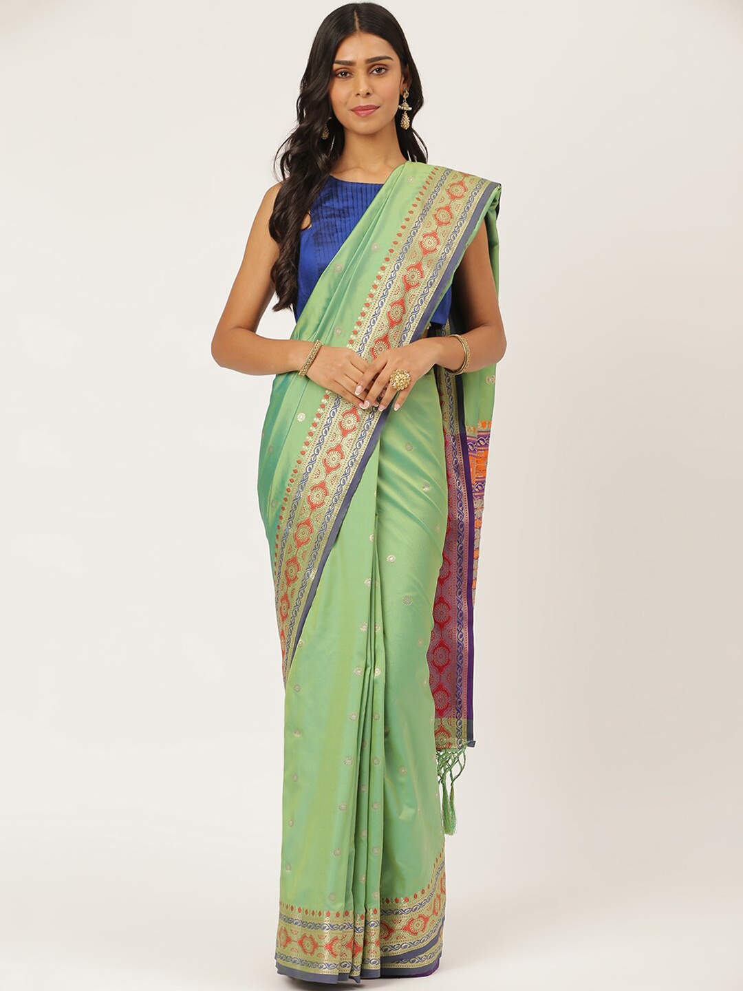 

KARAGIRI Green & Purple Ethnic Motifs Zari Silk Blend Banarasi Saree