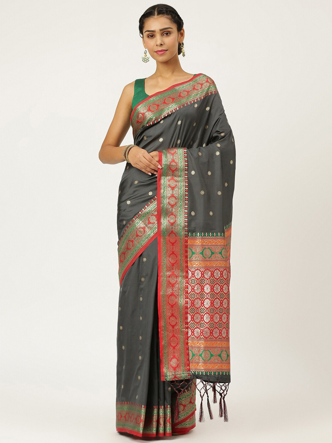 

KARAGIRI Grey & Red Floral Zari Silk Blend Banarasi Saree