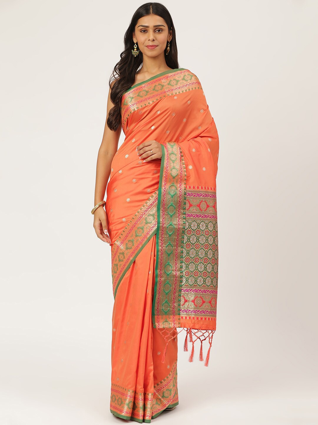 

KARAGIRI Orange & Gold-Coloured Ethnic Motifs Zari Silk Blend Banarasi Saree