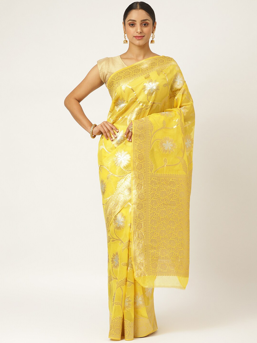 

KARAGIRI Yellow & Gold-Toned Paisley Organza Saree