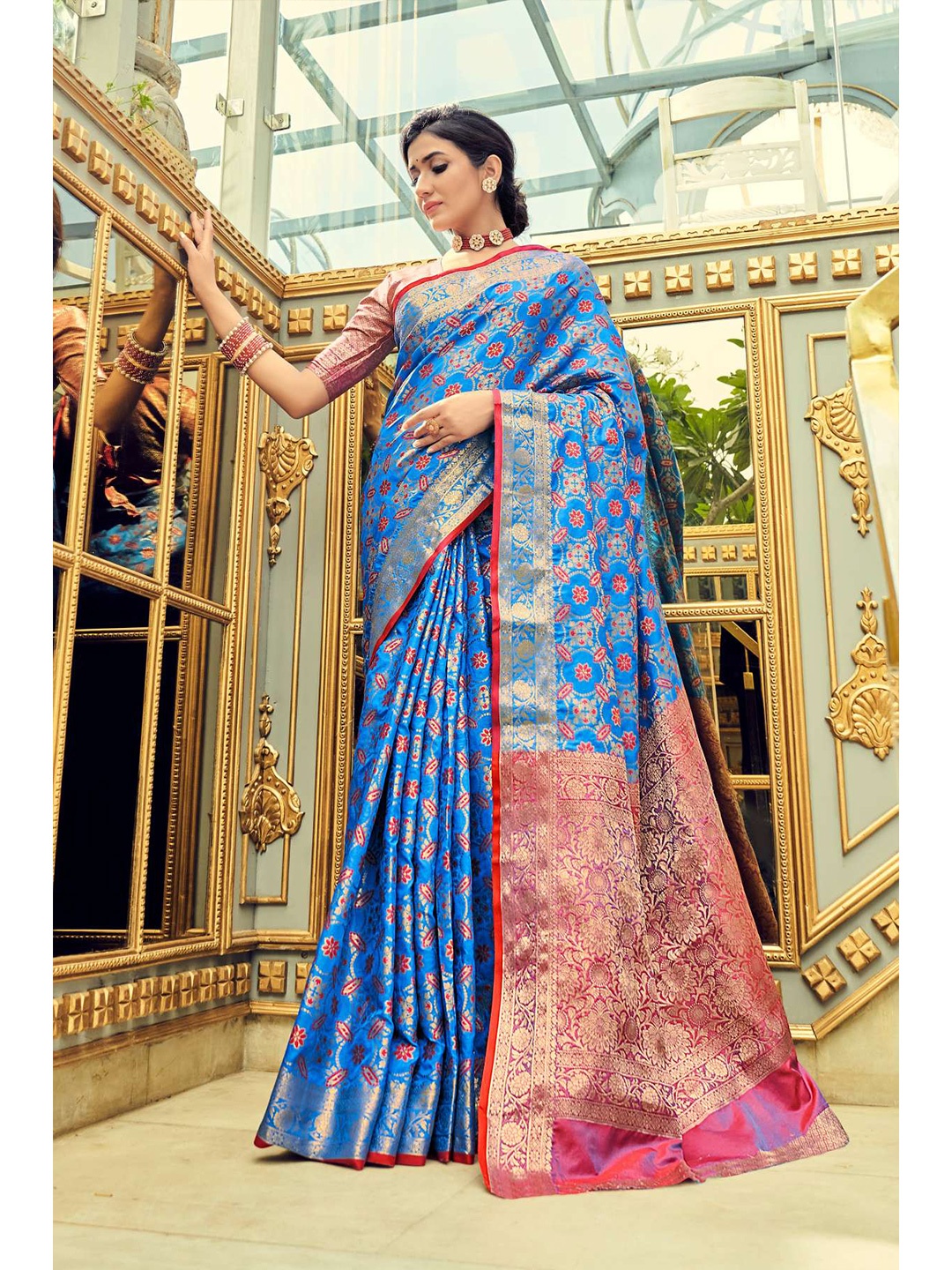 

KARAGIRI Blue & Silver-Toned Woven Design Zari Silk Blend Banarasi Saree