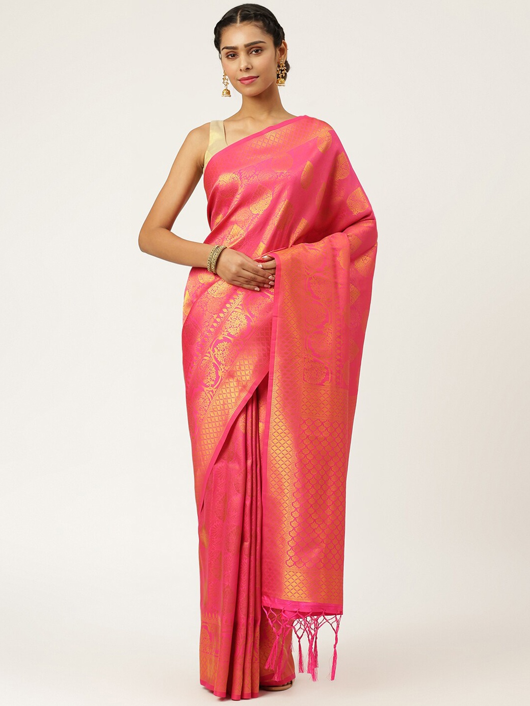 

KARAGIRI Pink & Gold-Toned Ethnic Motifs Zari Silk Blend Kanjeevaram Saree