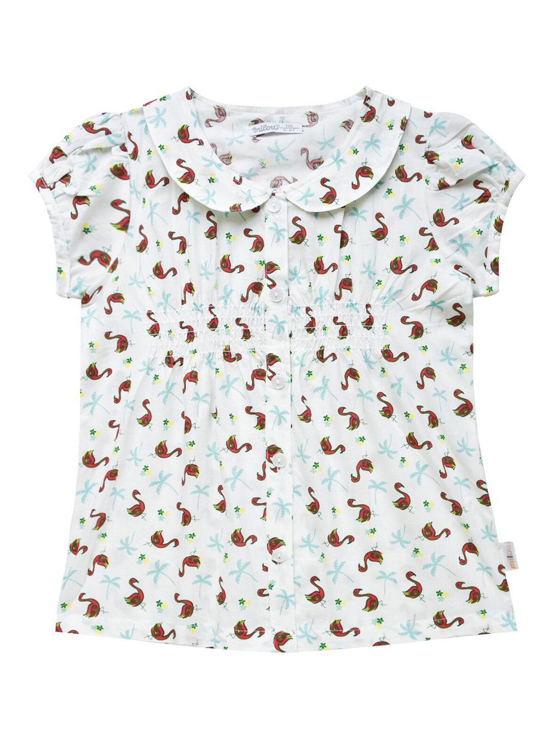 

milou White & Red Conversational Printed Peter Pan Collar Smocking Cotton Shirt Style Top