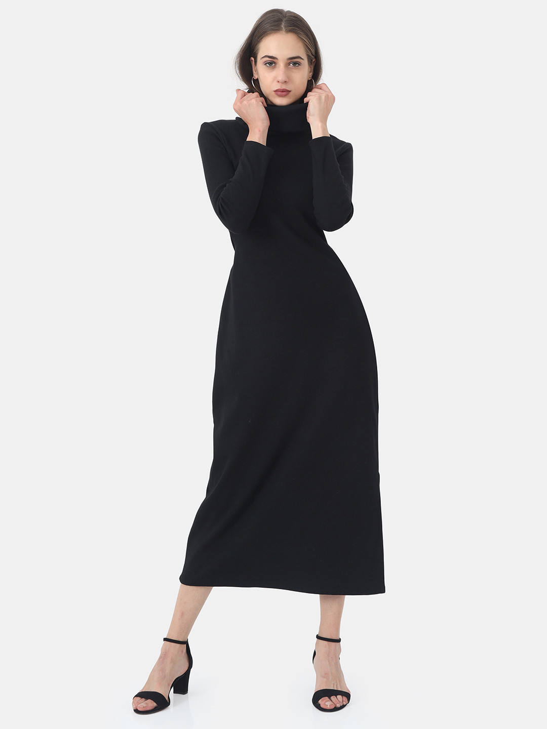 

STYL CO. Women Black Cotton A-Line Midi Dress