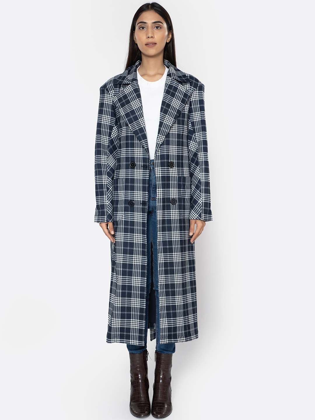 

KLAS NOBL Women Navy Blue & White Checked Double Breasted Long Coat