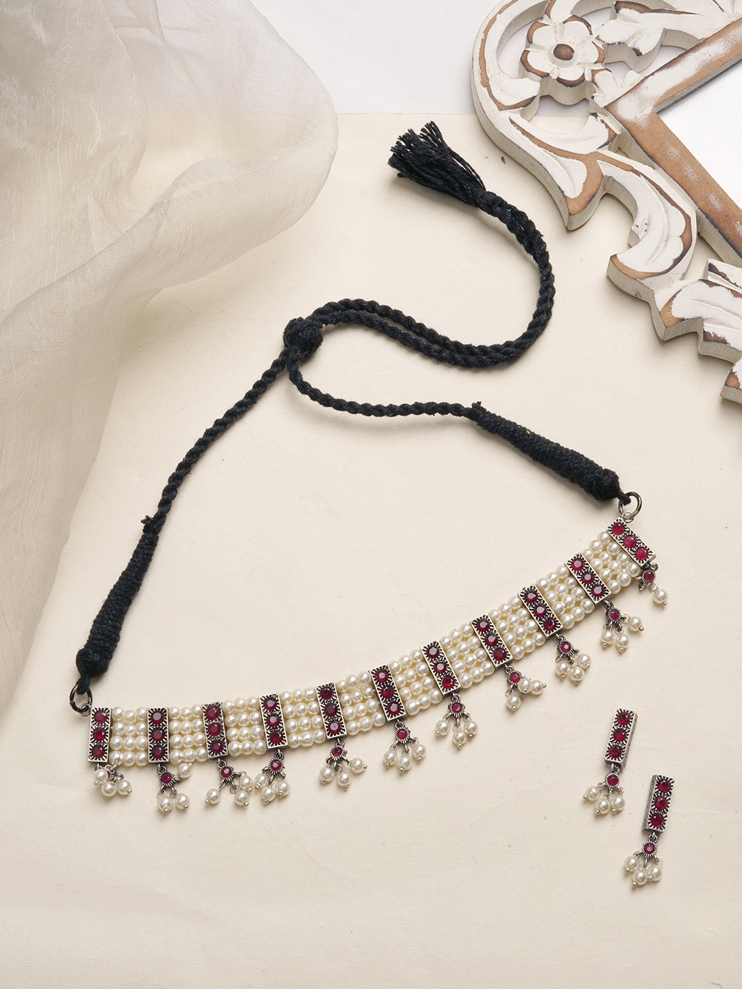 

TEEJH Oxidised Silver-Plated Pink & White Pearl Jewellery Set