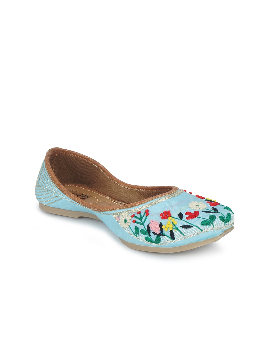 

The Desi Dulhan Woman Blue Printed Leather Ethnic Mojaris with Embroidered Flats
