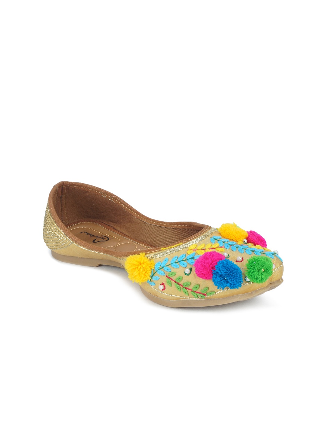 

The Desi Dulhan Women Gold-Toned Embellished Leather Ethnic Mojaris with Embroidered Flats