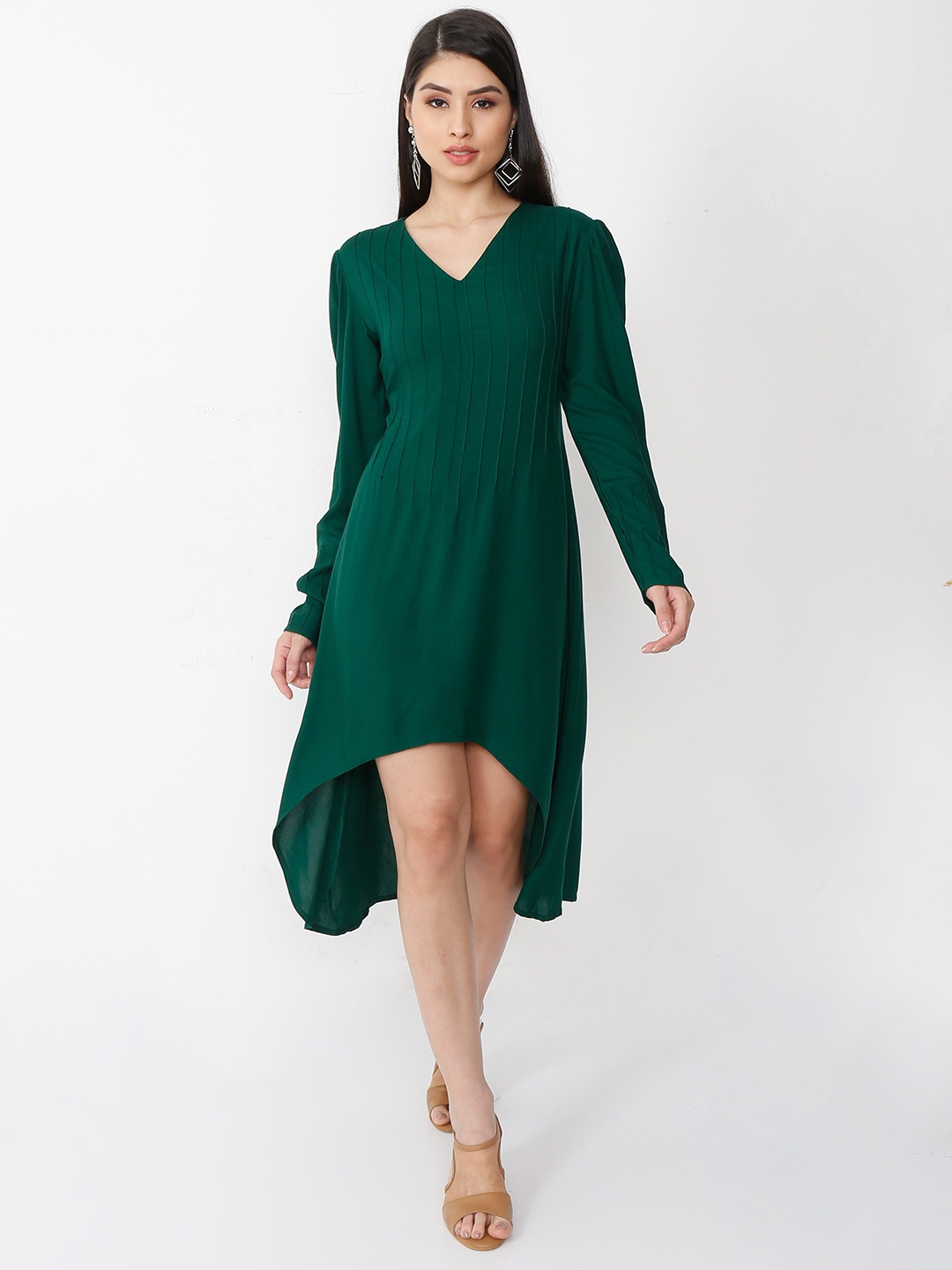 

STYL CO. Green Solid High Low A-Line Dress