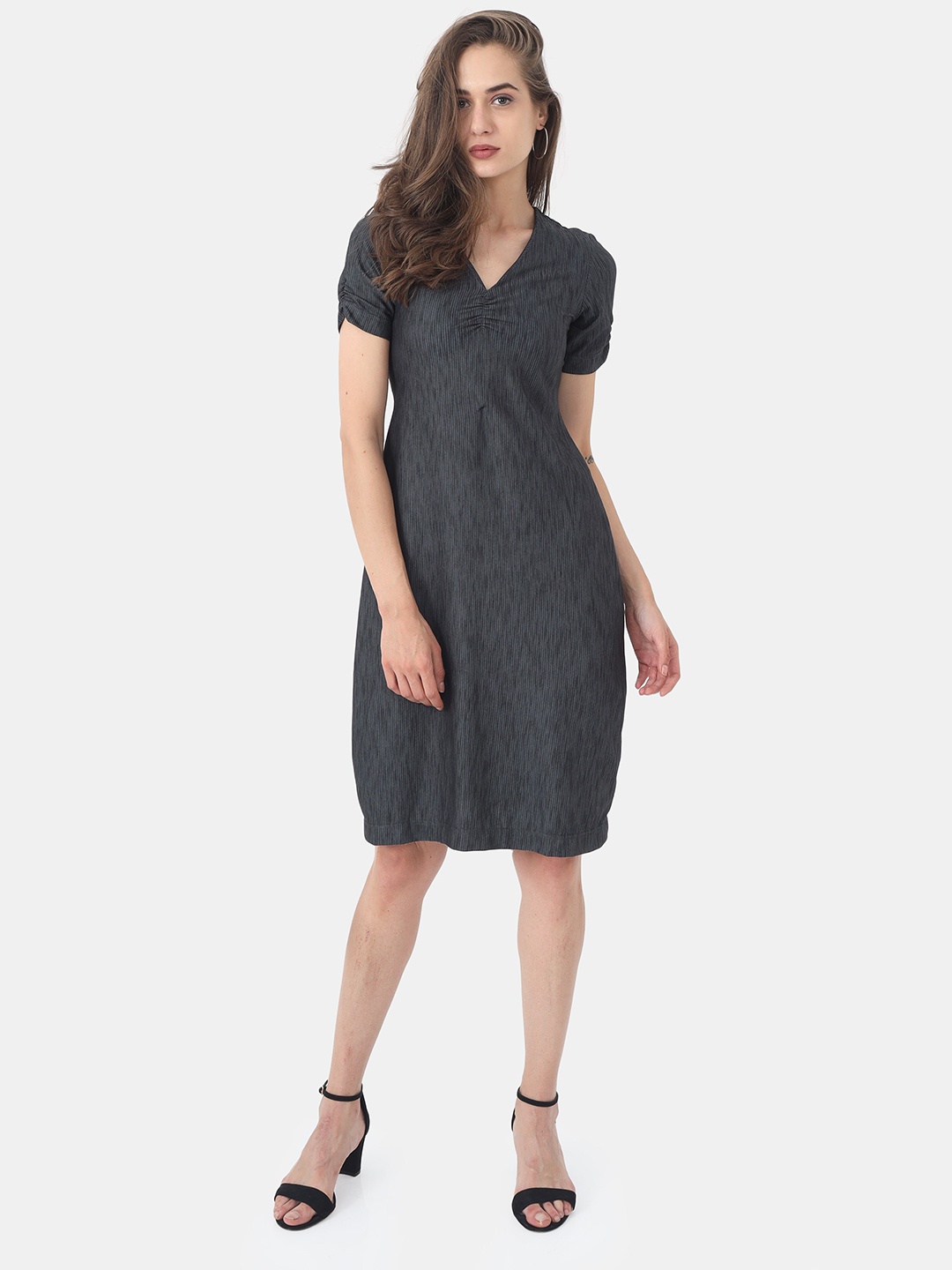 

STYL CO. Grey Self-Design Ruched A-Line Dress