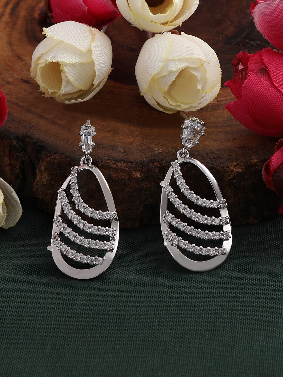 

ZINU Silver-Toned Oval Rhodium-Plated Cubic Zirconia Studded Drop Earrings