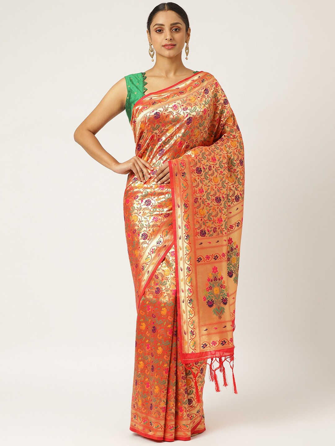 

KARAGIRI Red & Gold-Coloured Floral Zari Silk Blend Paithani Saree