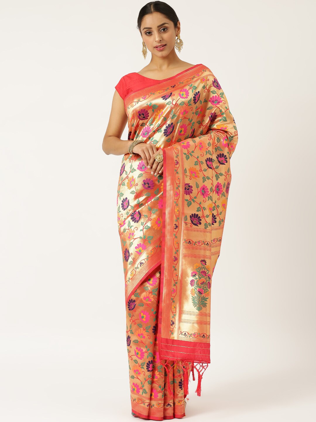 

KARAGIRI Red & Green Ethnic Motifs Zari Silk Blend Paithani Saree