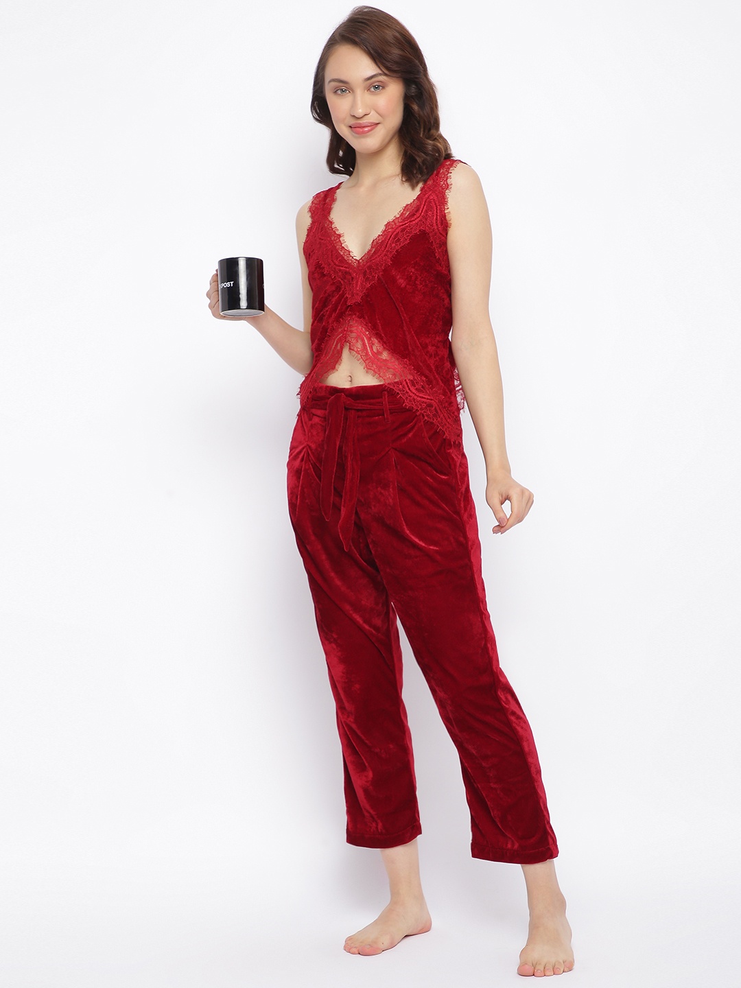 

DECOREALM Women Red Velvet Crop Night Top