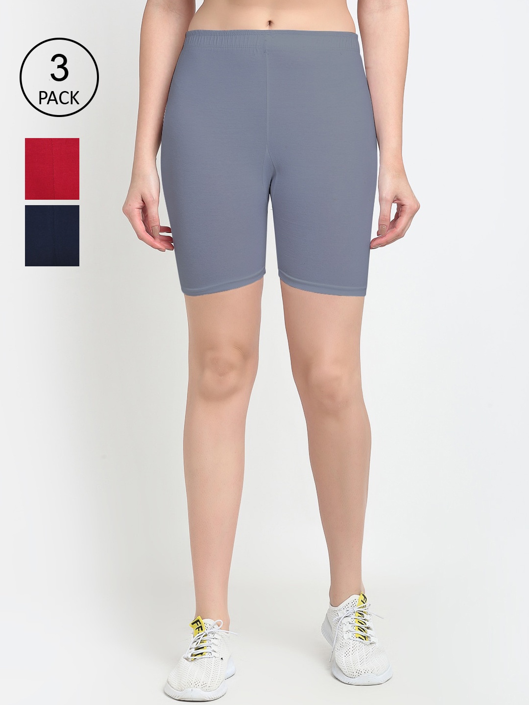 

GRACIT Women Pack Of 3 Solid Regular Fit Mid-Rise Cotton Biker Shorts, Grey