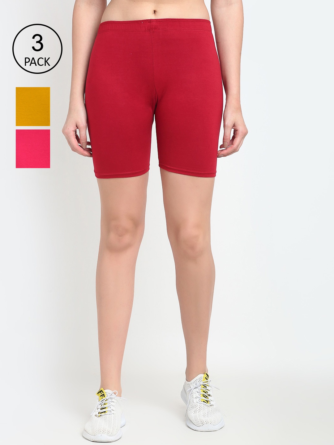 GRACIT Women Pack Of 3 Solid Regular Fit Mid-Rise Cotton Biker Shorts, Pink