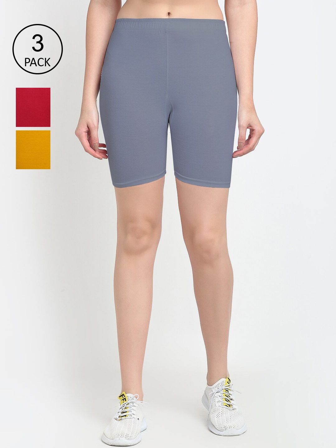 

GRACIT Women Pack Of 3 Cotton Biker Shorts, Grey