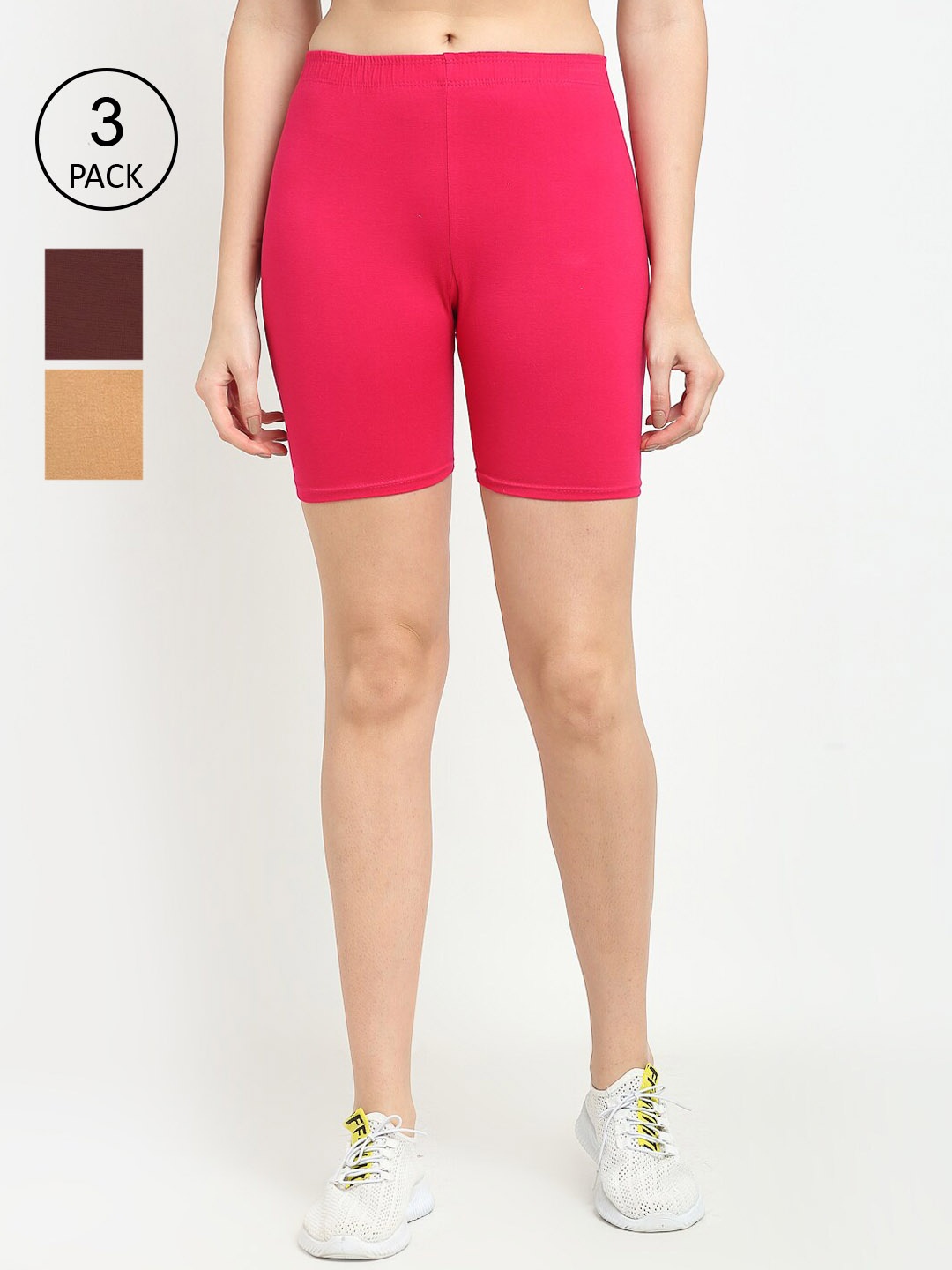 GRACIT Women Pack Of 3 Cotton Biker Shorts, Pink