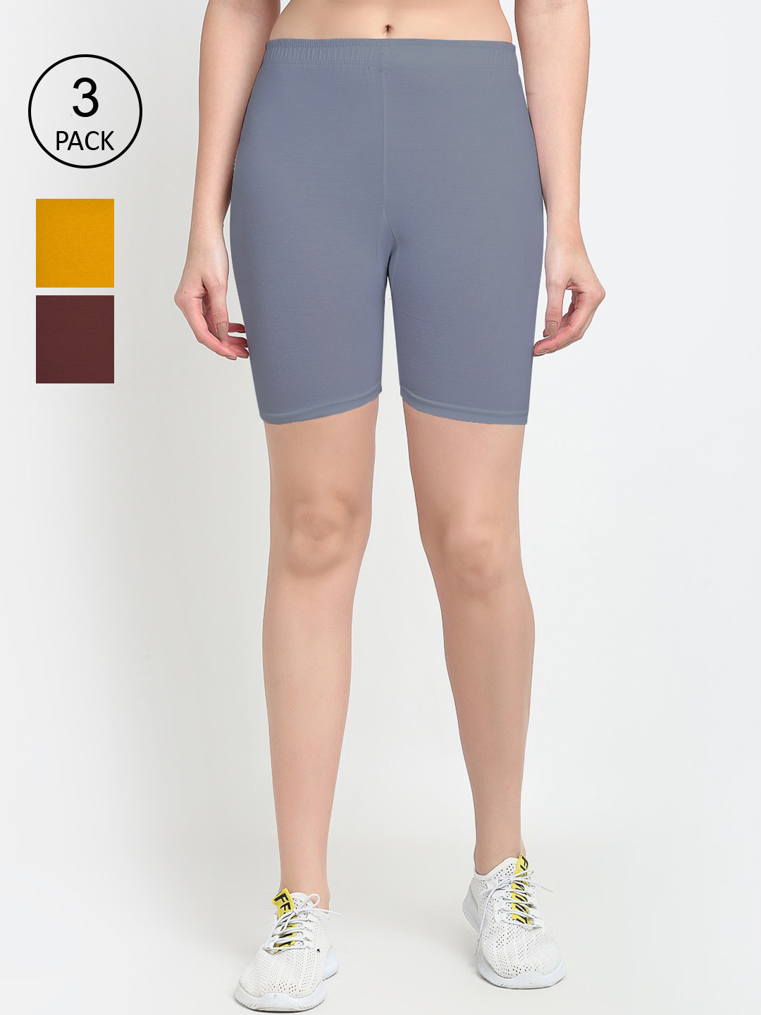 

GRACIT Women Pack Of 3 Solid Regular Fit Mid-Rise Cotton Biker Shorts, Grey