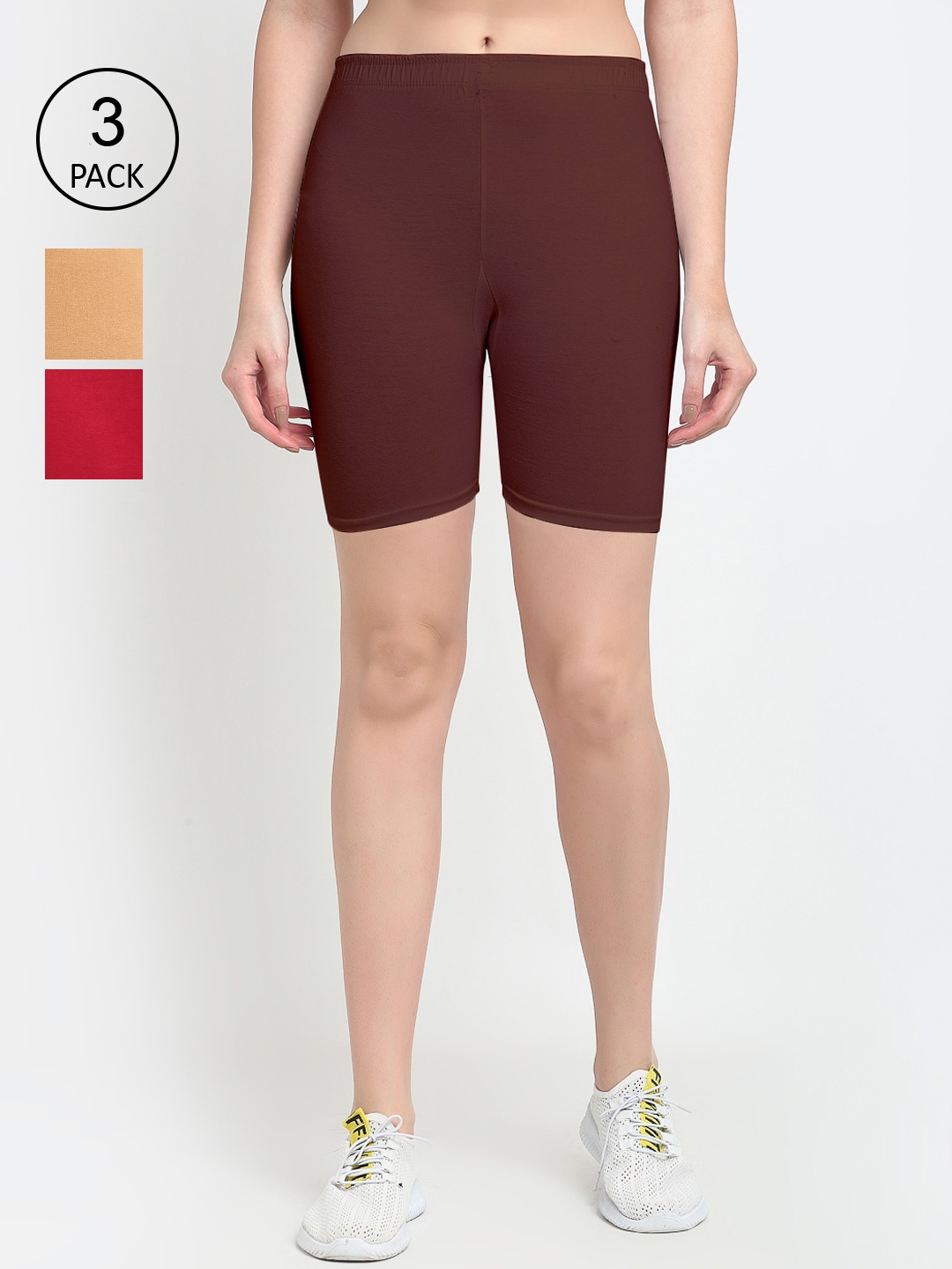 

GRACIT Women Pack Of 3 Solid Regular Fit Mid-Rise Cotton Biker Shorts, Beige