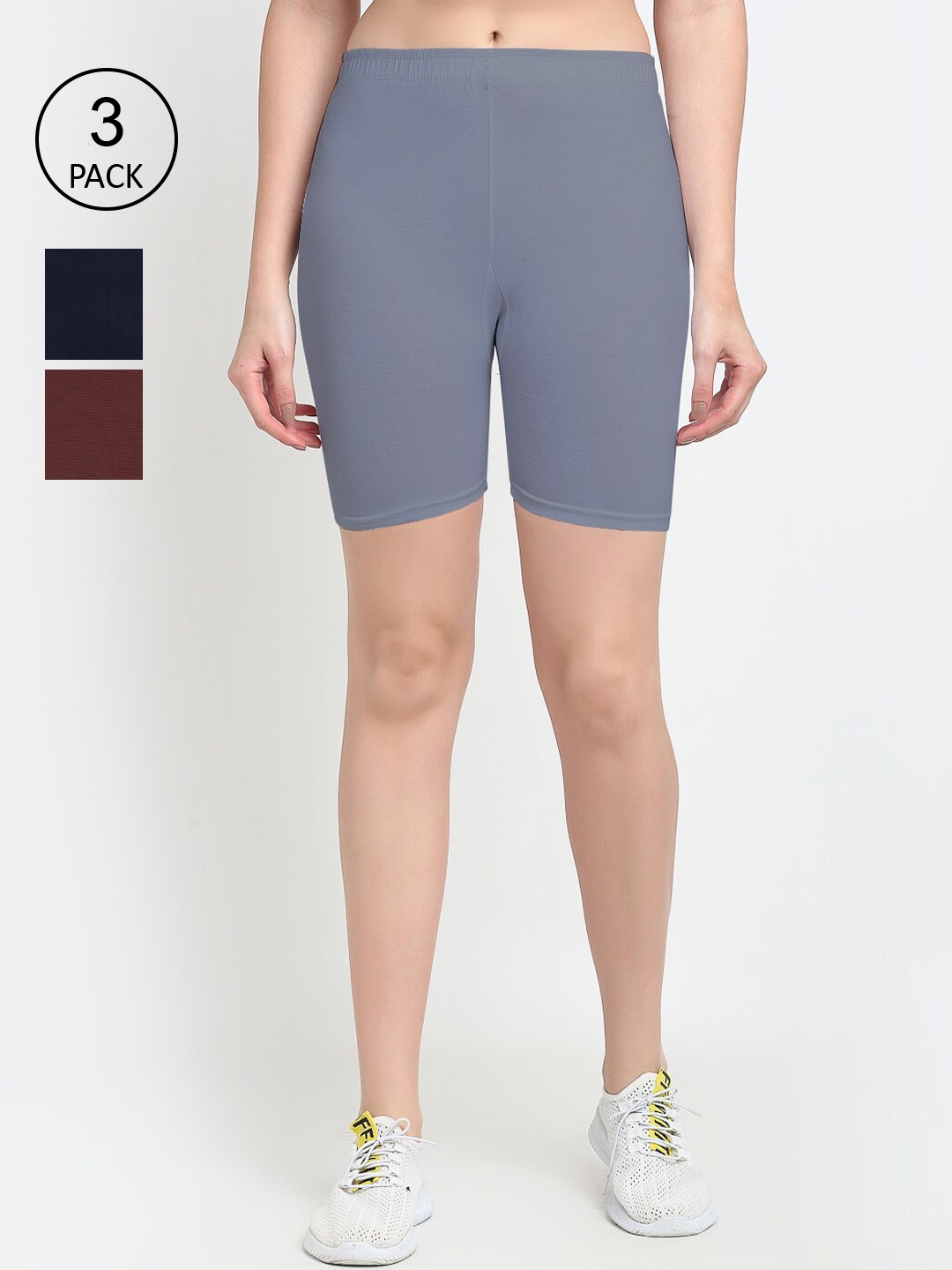 

GRACIT Women Pack Of 3 Cotton Biker Shorts, Grey