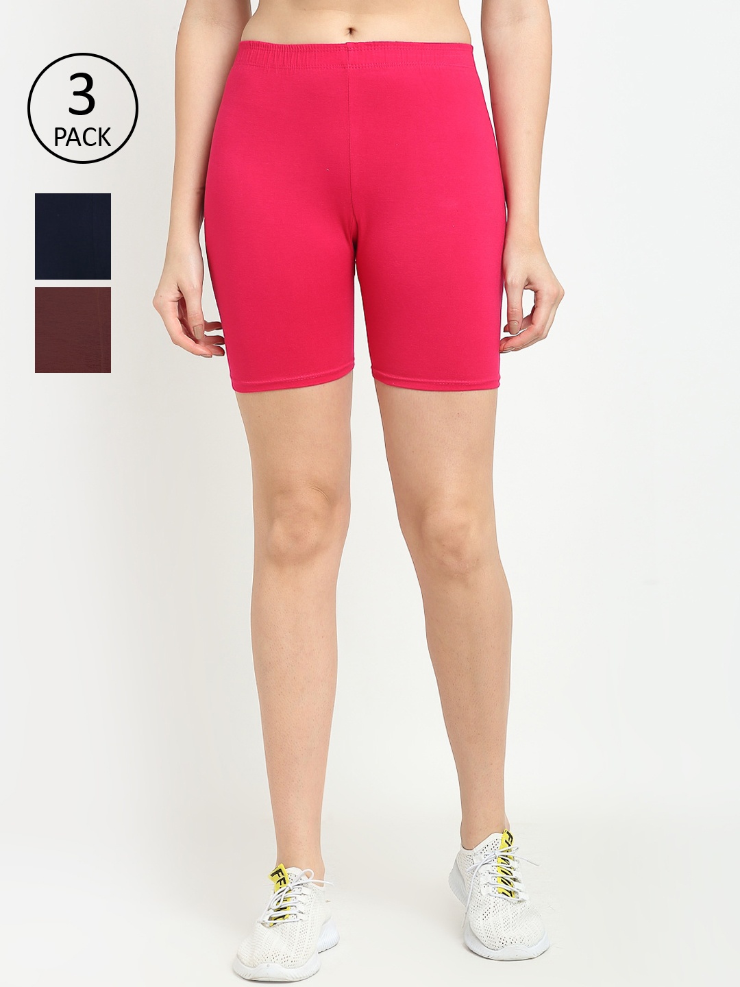 GRACIT Women Pack Of 3 Solid Regular Fit Mid-Rise Cotton Biker Shorts, Pink