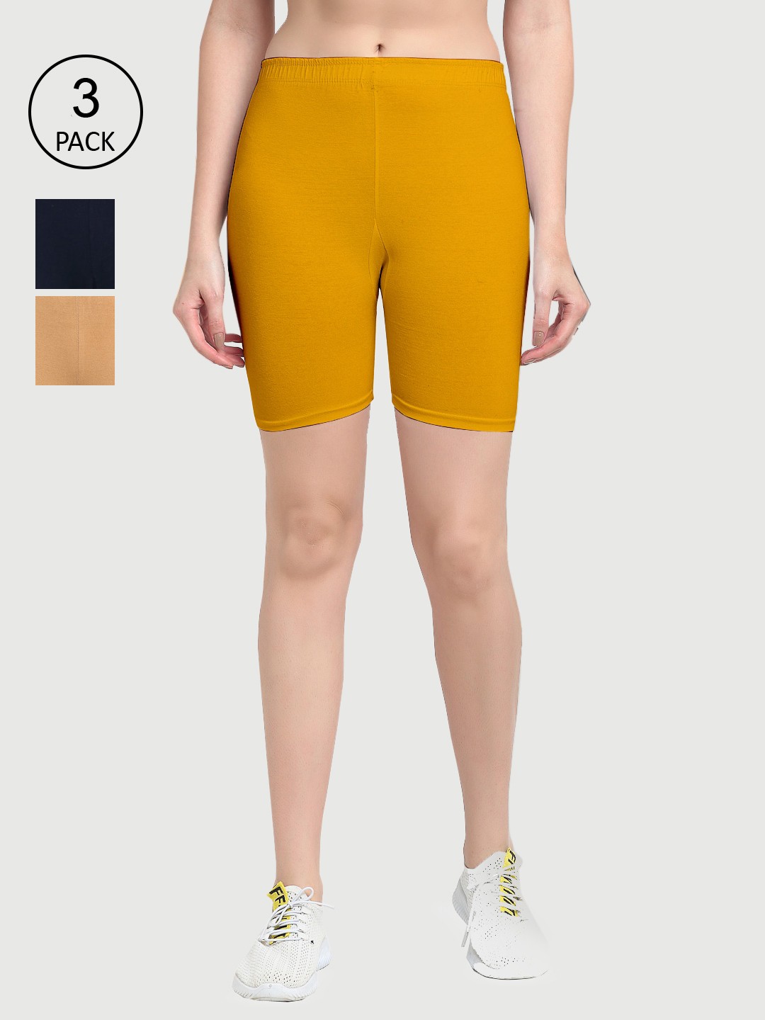 

GRACIT Women Pack Of 3 Solid Regular Fit Mid-Rise Cotton Biker Shorts, Mustard
