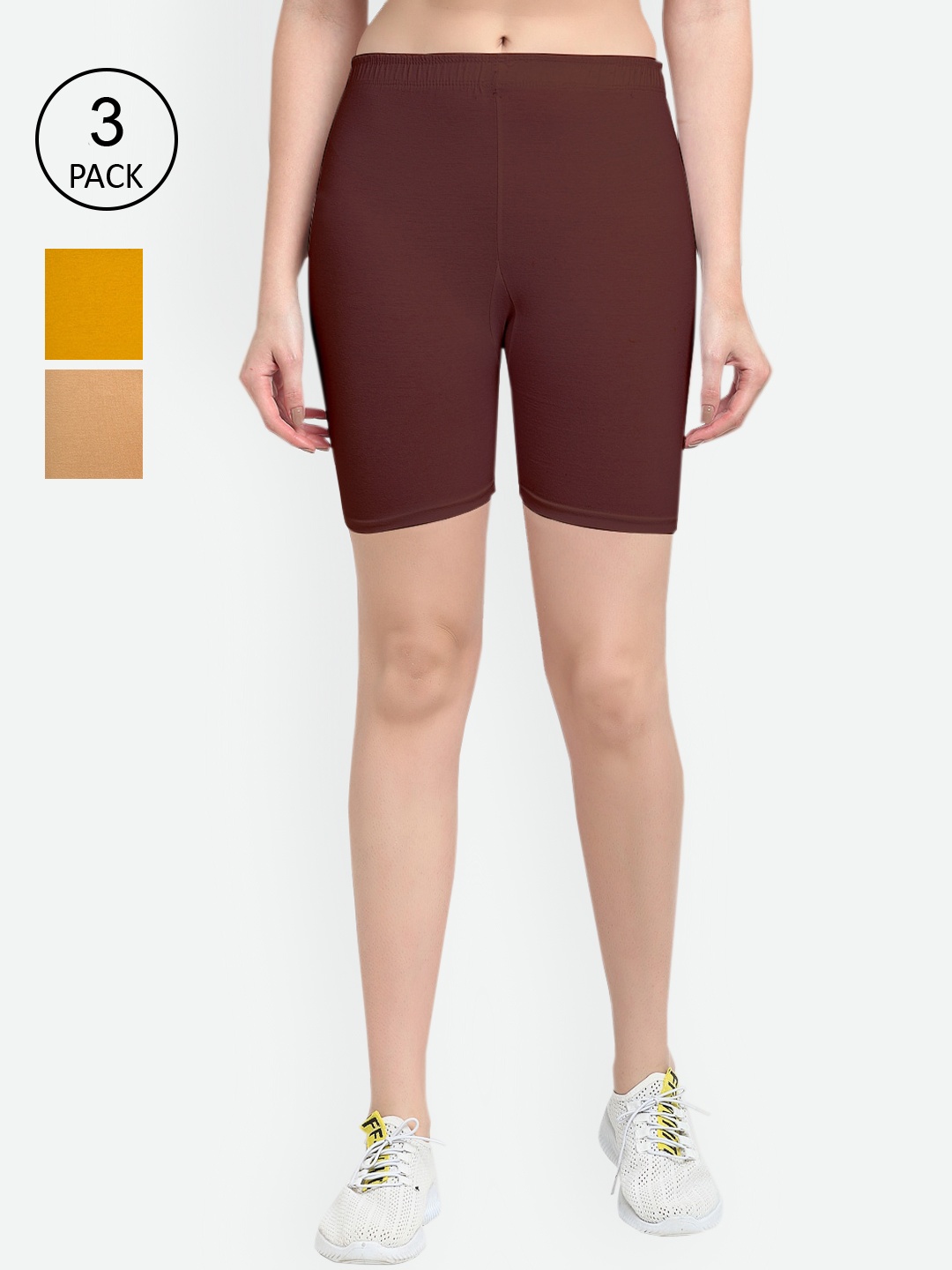 

GRACIT Women Pack Of 3 Cotton Biker Shorts, Beige