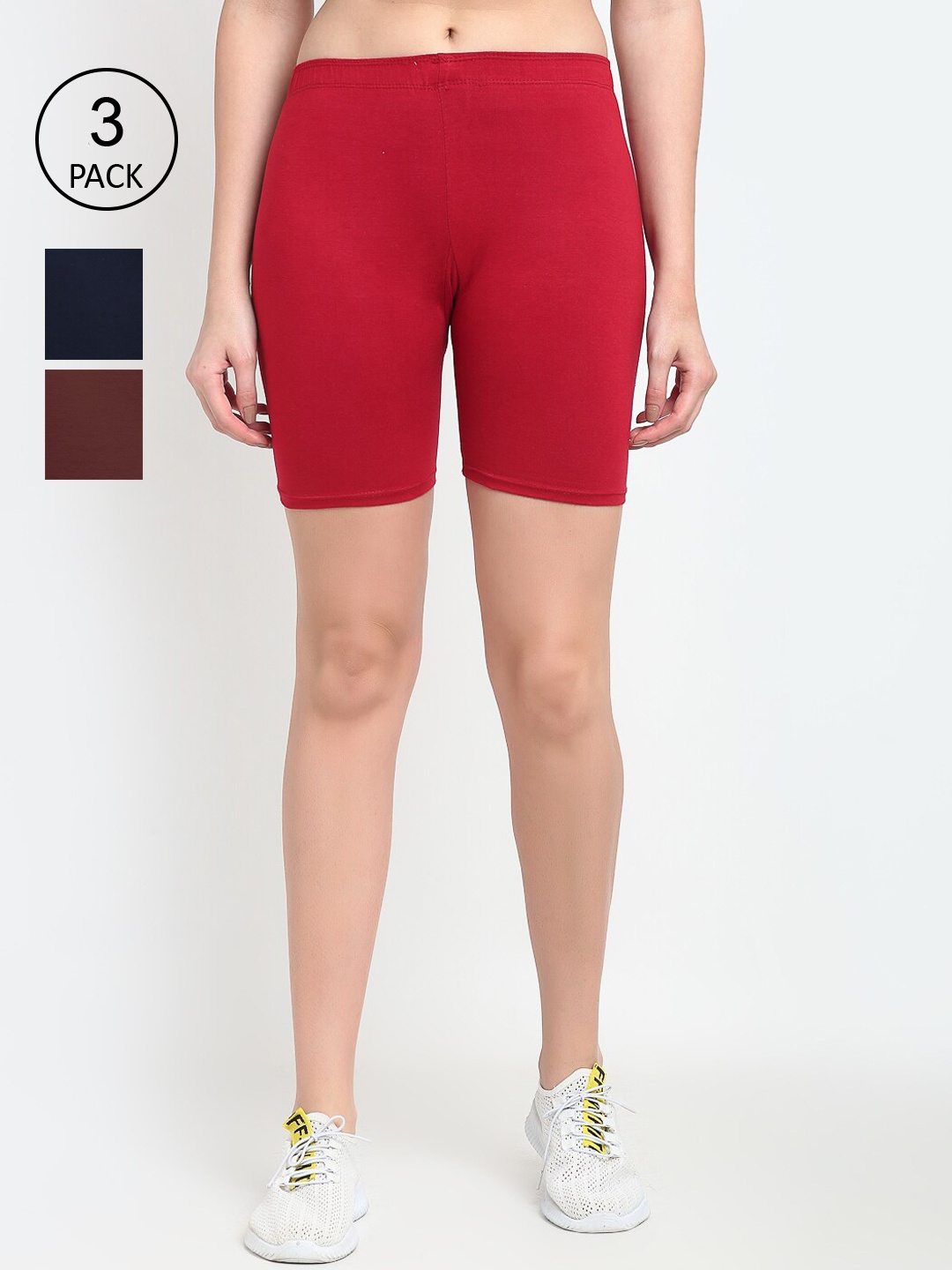 GRACIT Women Pack Of 3 Solid Regular Fit Mid-Rise Cotton Biker Shorts, Red