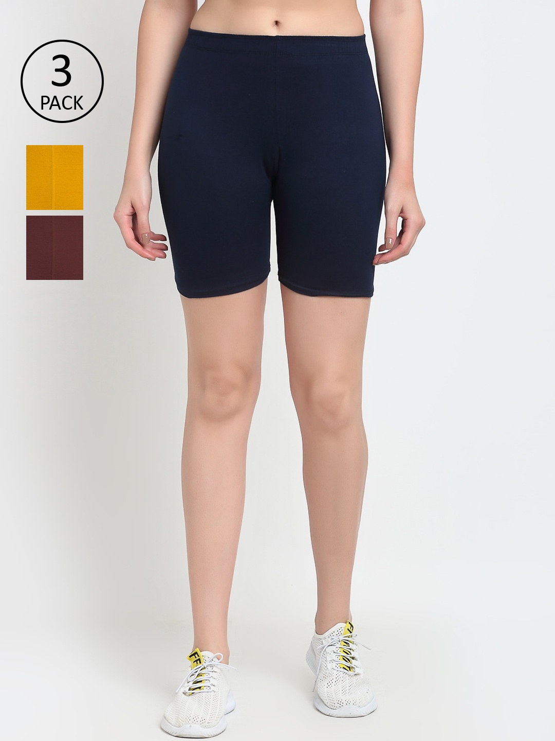 GRACIT Women Pack Of 3 Cotton Biker Shorts, Navy blue