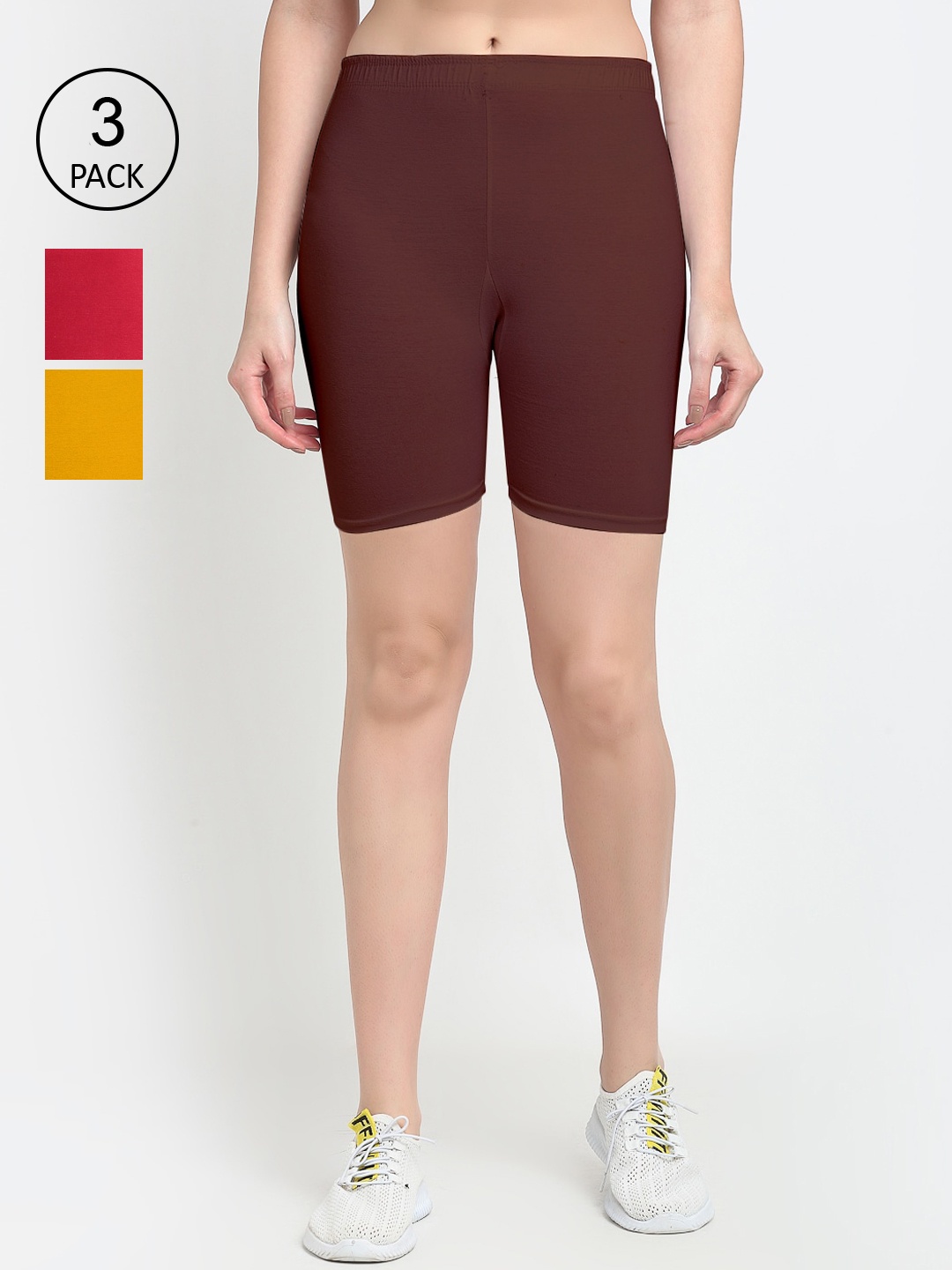 

GRACIT Women Pack Of 3 Solid Regular Fit Mid-Rise Cotton Biker Shorts, Red