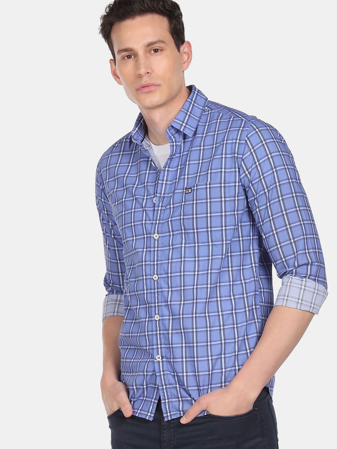 

Arrow Sport Men Blue Regular Fit Checked Solid Cotton Casual Shirt