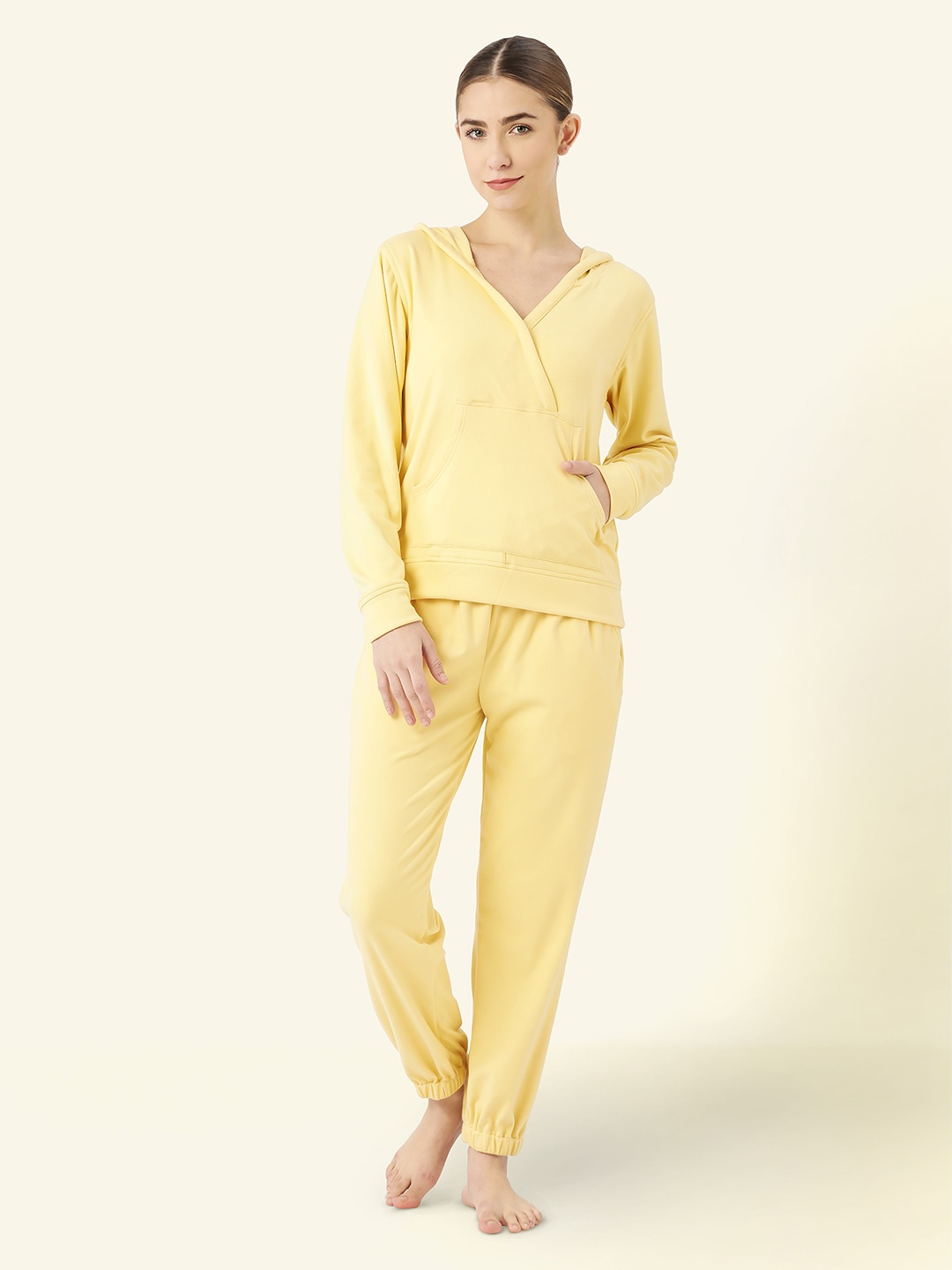 

LILL Women Yellow Solid Winter Hoodie with Jogger Co-ord Set