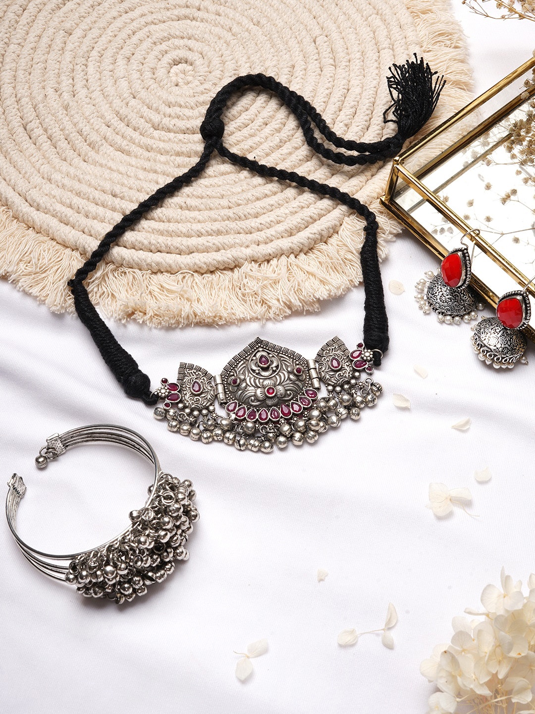 

TEEJH Silver-Toned & Red Stone-Studded Vriti Jewelley Set