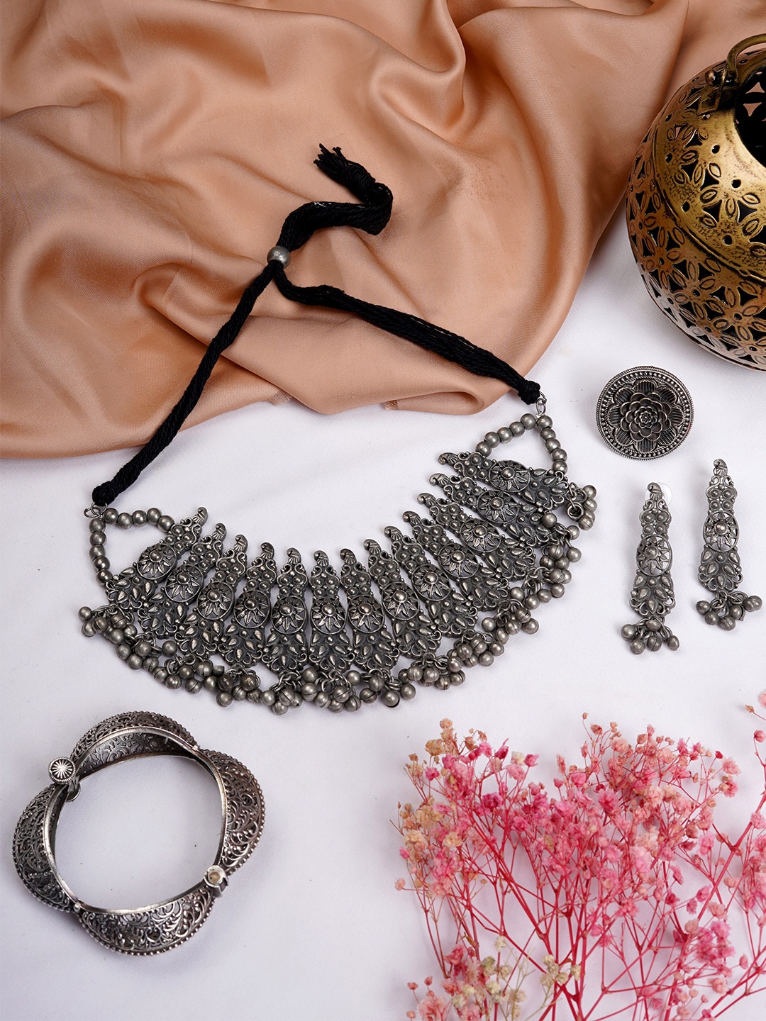 

TEEJH Oxidised Silver-Toned Ghungroo Jewellery Set