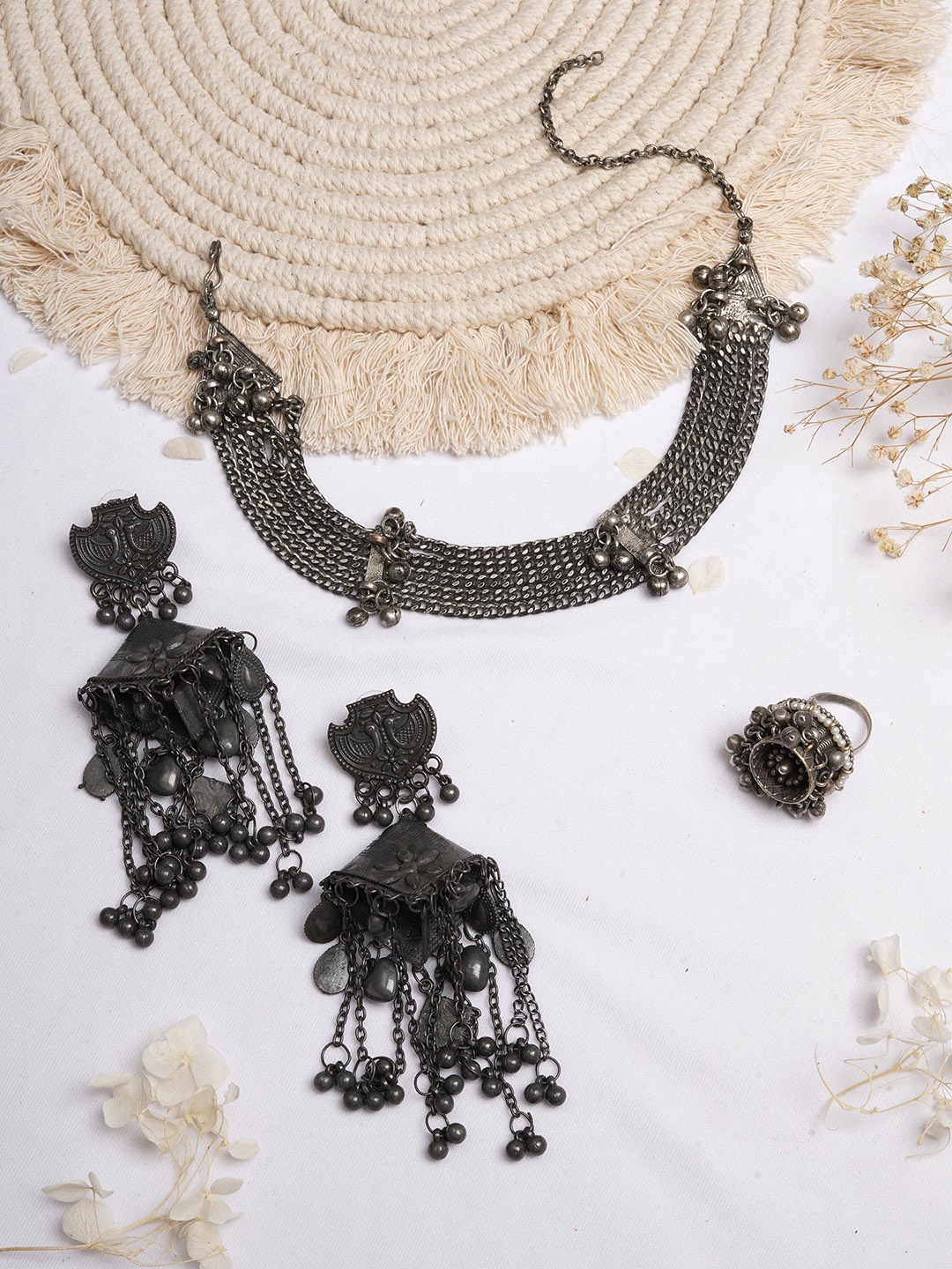 

TEEJH Oxidised Silver-Toned Ghungroo Jewellery Set
