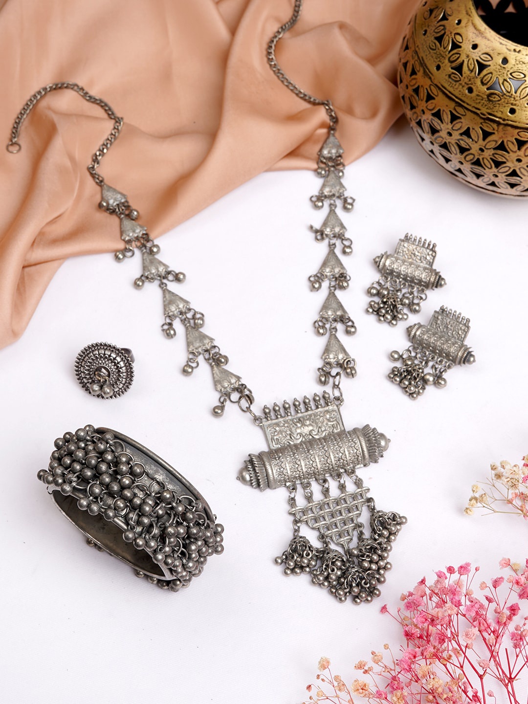 

TEEJH Oxidised Silver-Toned Ghungroo Jewellery Set