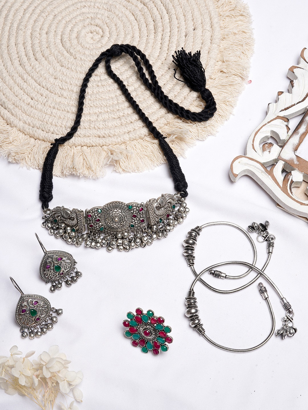 

TEEJH Oxidised Silver-Toned Green & Pink Stone-Studded Jewellery Set