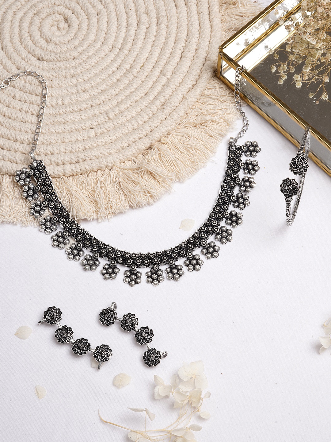 

TEEJH Silver-Toned & Plated Oxidised Renu Jewellery Set