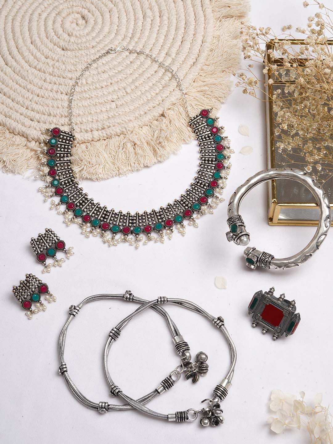 

TEEJH Oxidised Silver-Toned & Red Stones-Studded Jewellery Set