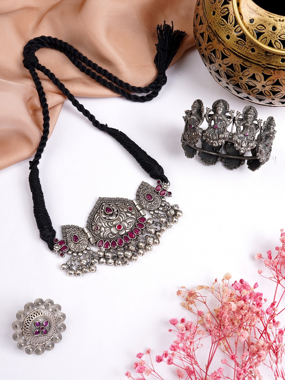 

TEEJH Woman Oxidised Silver-Toned Pink-Stone Studded Jewellery Set