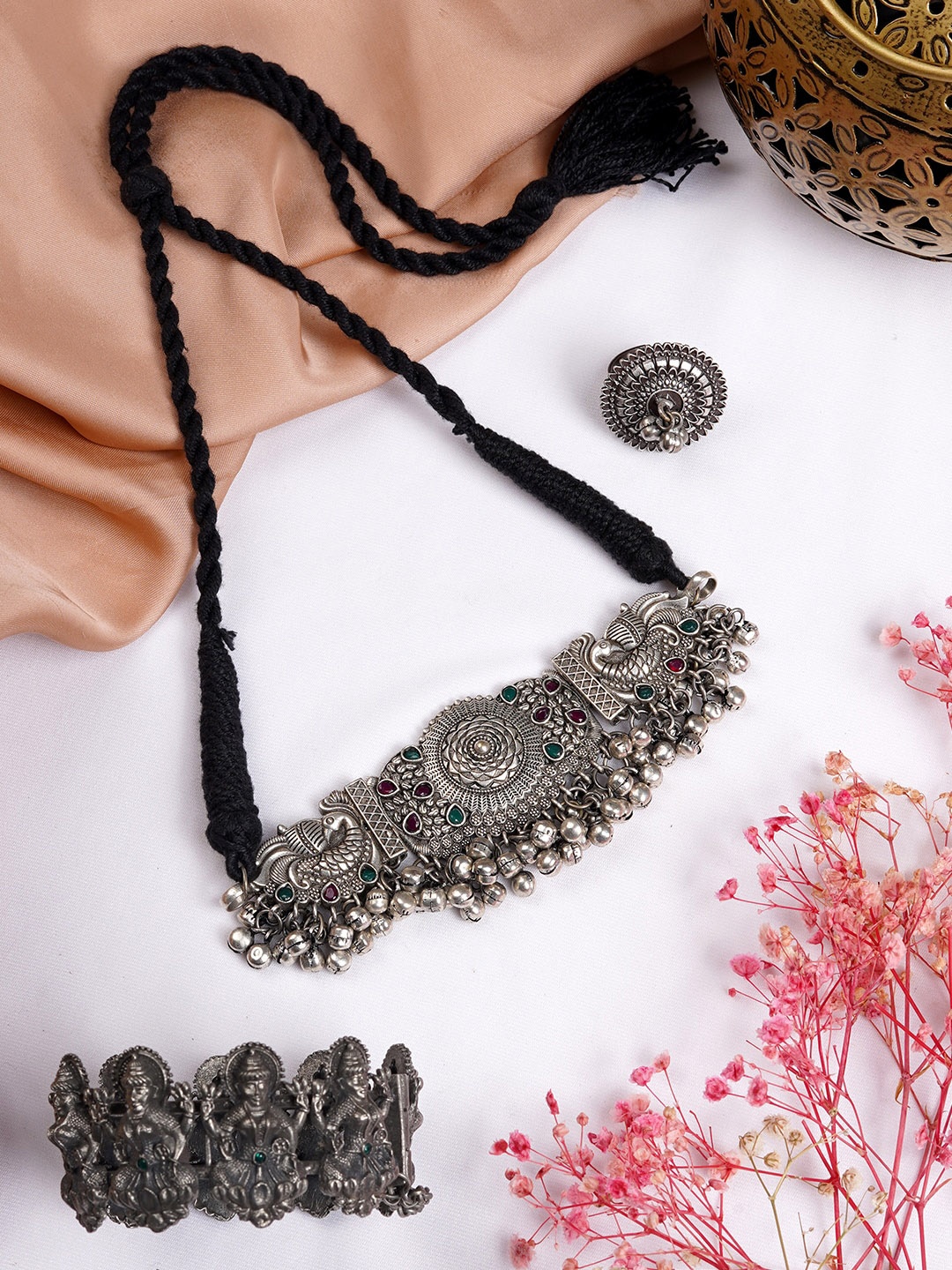 

TEEJH Oxidised Silver-Toned & Green Stones-Studded Grahati Jewellery Set