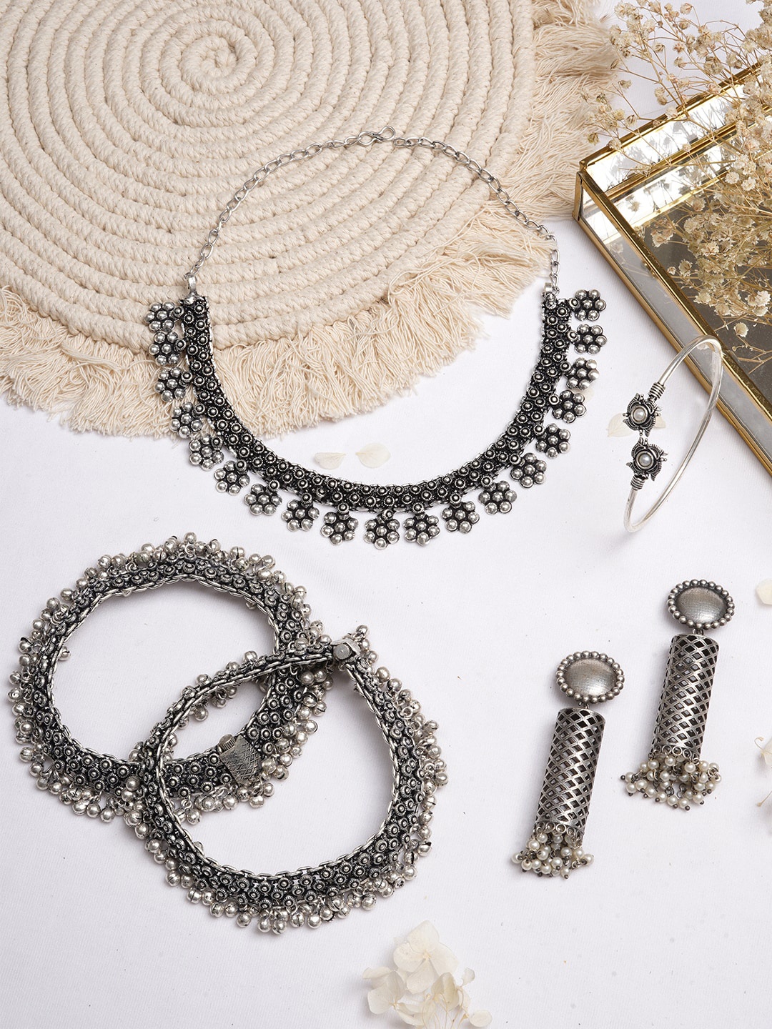 

TEEJH Oxidised Silver-Toned & White Beaded Jewellery Set