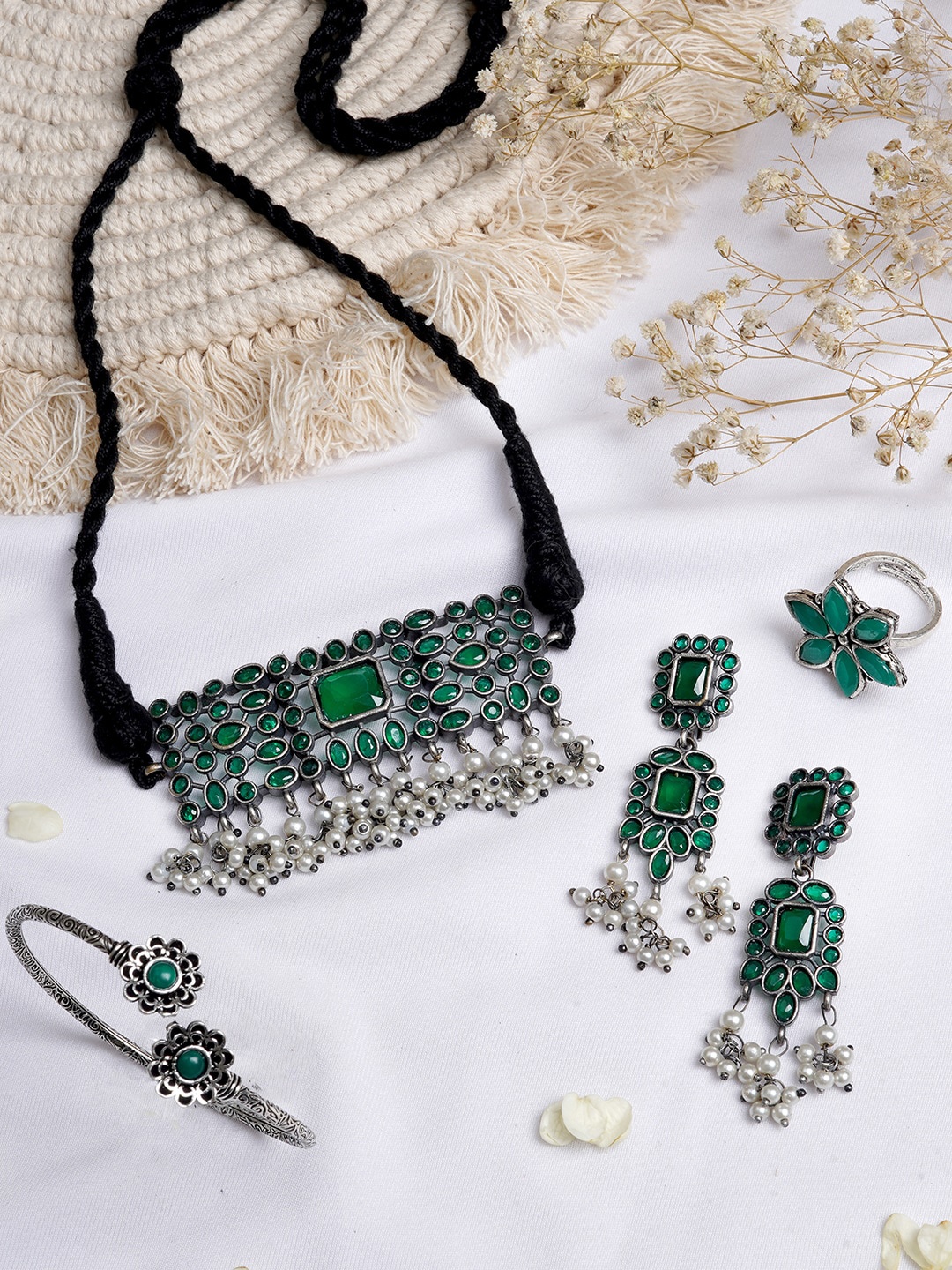 

TEEJH Oxidised Silver-Toned & Green Stone Studded Jewellery Set