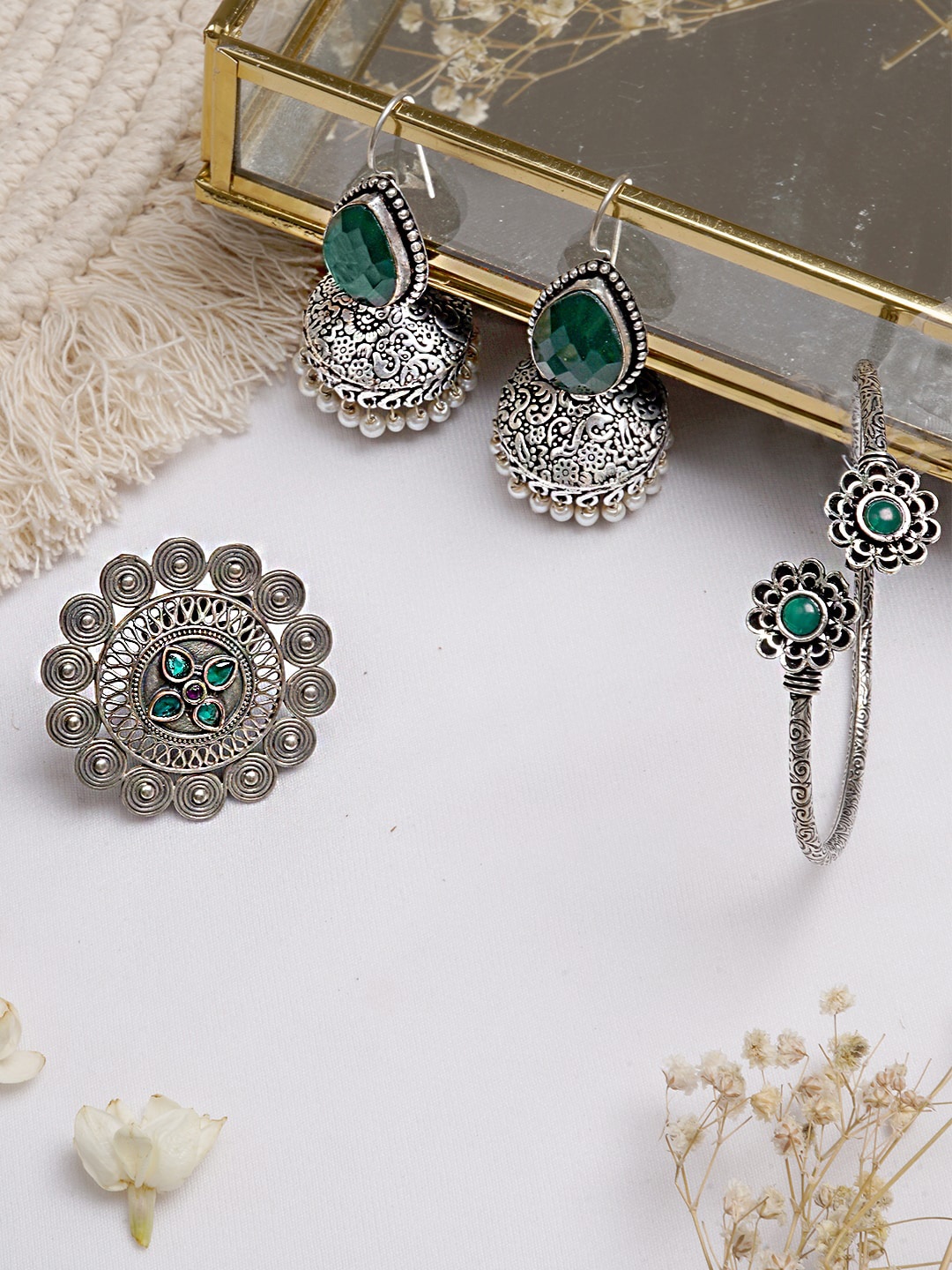 

TEEJH Oxidised Silver-Toned & Green Stones-Studded Ishvi Jewellery Set