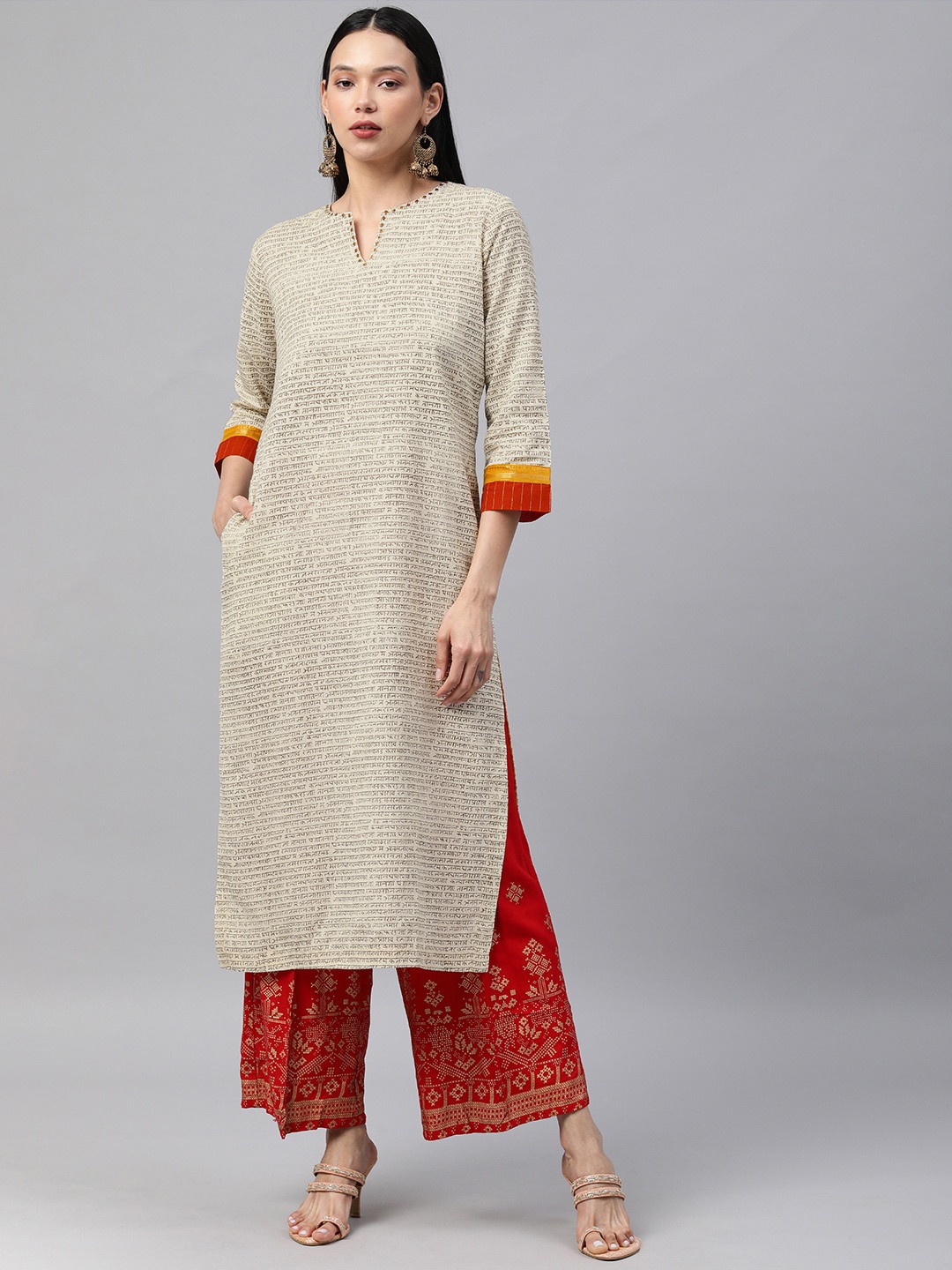 

araaliya Women Cream-Coloured Ethnic Motifs Printed Thread Work Kurta