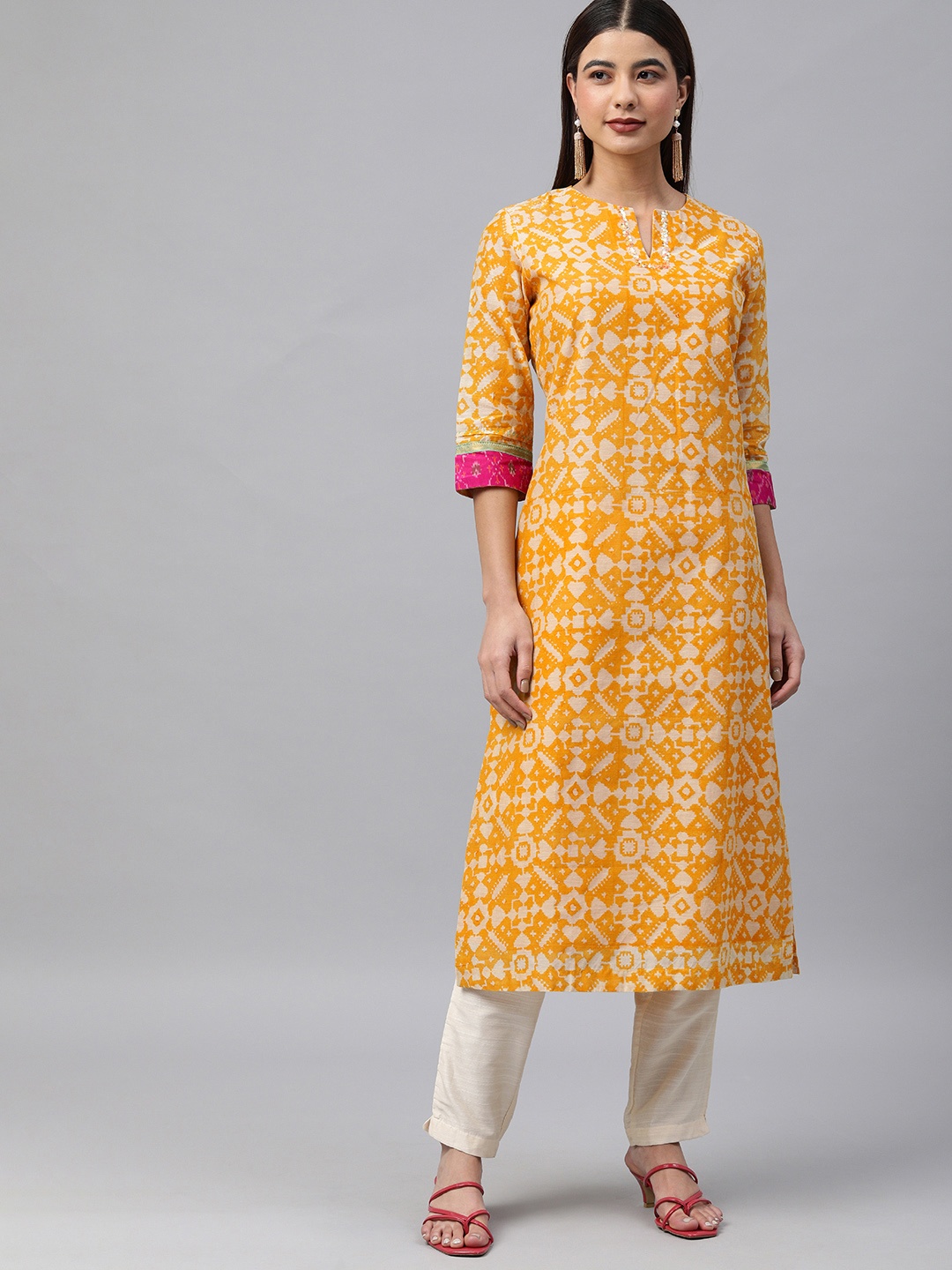 

araaliya Women Yellow Ethnic Motifs Printed Thread Work Kurta
